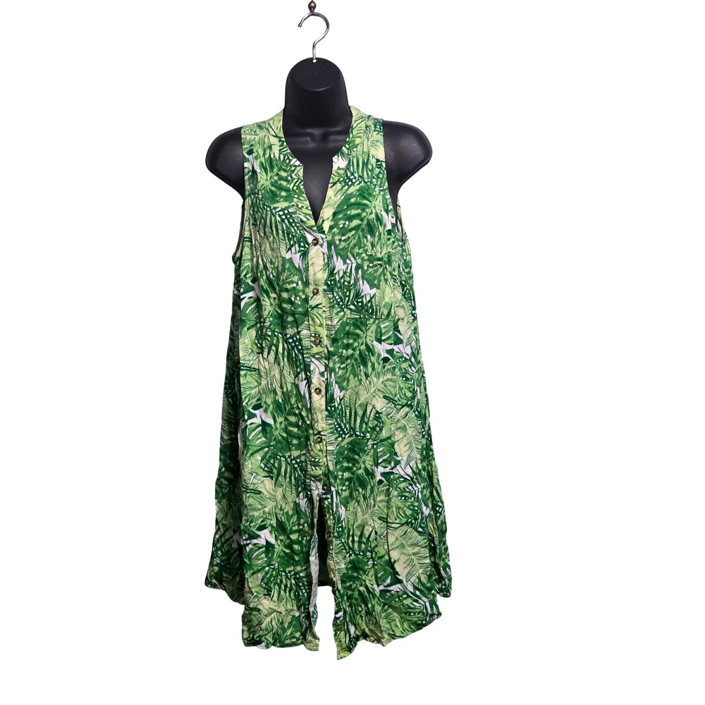 Justify Womens 2X Green Tropical Monstera Leaf Sleeveless Button Down Dress